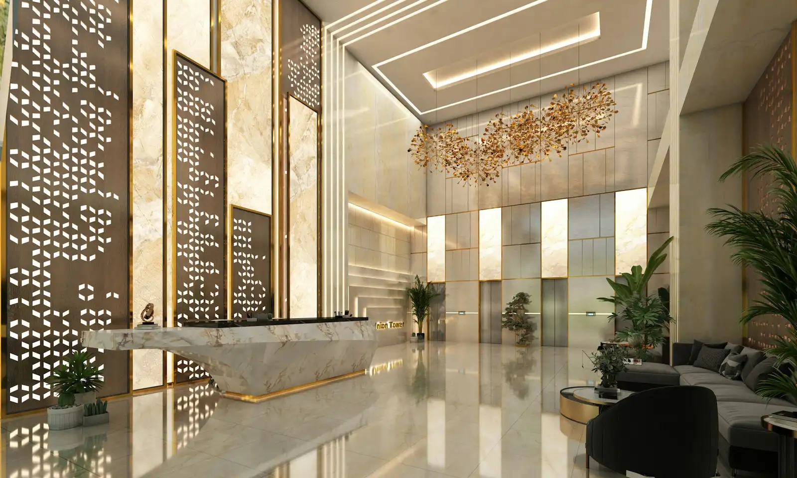 A modern lobby with a stone reception desk and elevators