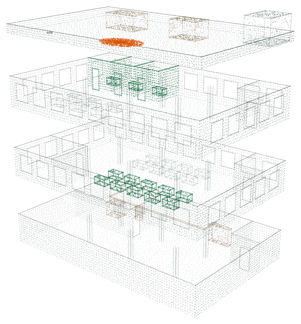 The example building’s 3D record at capture #3: four levels in points, new offices and desks in green, ponding on the roof in amber